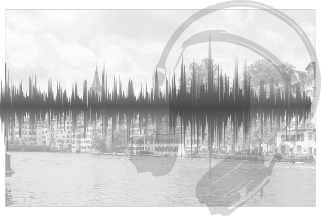 The Sound of Zürich - Limmat, Shoreline Promenade, a soundwave and a pair of headphones, all in gray as of today