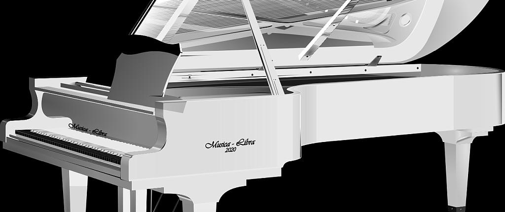 Weisses Klavier (Flügel) in stockfinsterem, dunklen Raum